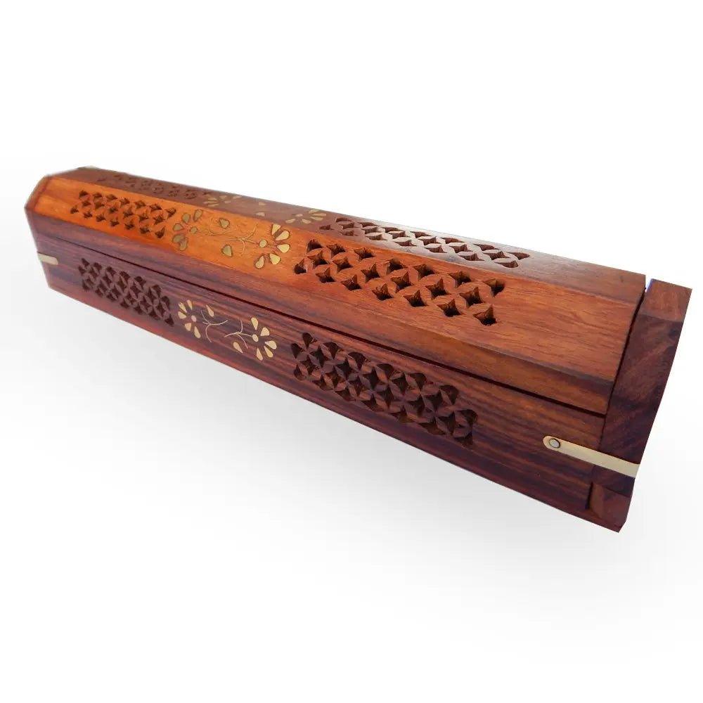 Sheesham Wood Hand Carved Coffin Incense Burner Brass Inlays &amp; Storage - Lacatang Spiritual