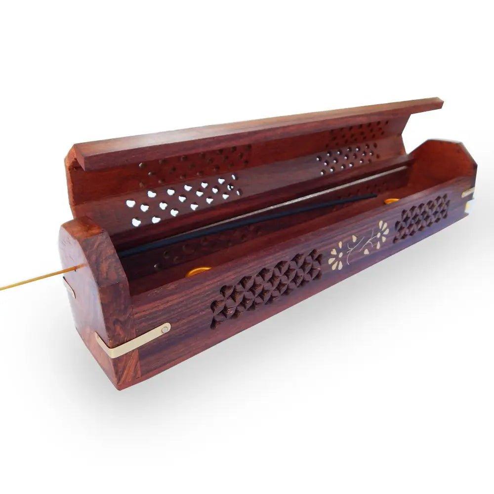 Sheesham Wood Hand Carved Coffin Incense Burner Brass Inlays &amp; Storage - Lacatang Spiritual