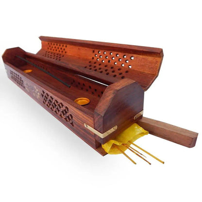 Sheesham Wood Hand Carved Coffin Incense Burner Brass Inlays &amp; Storage - Lacatang Spiritual