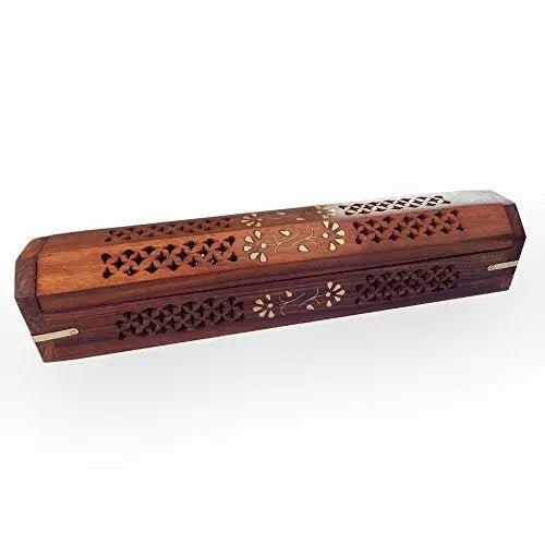 Sheesham Wood Hand Carved Coffin Incense Burner Brass Inlays &amp; Storage - Lacatang Spiritual